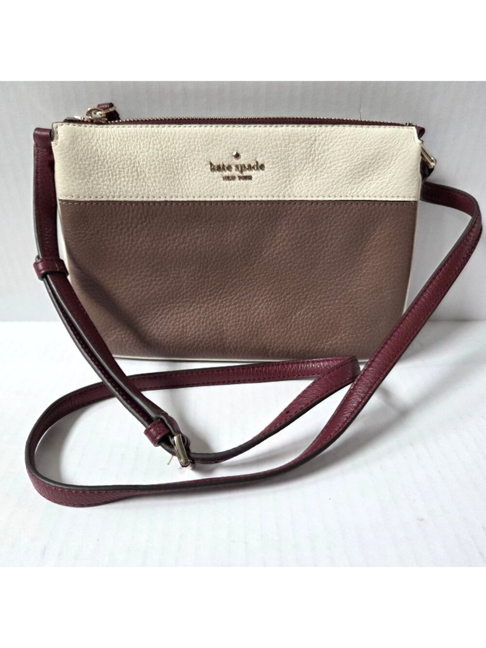 Kate Spade Purse Jackson Triple Gusset Neutral Cream Brown Leather Crossbody Bag